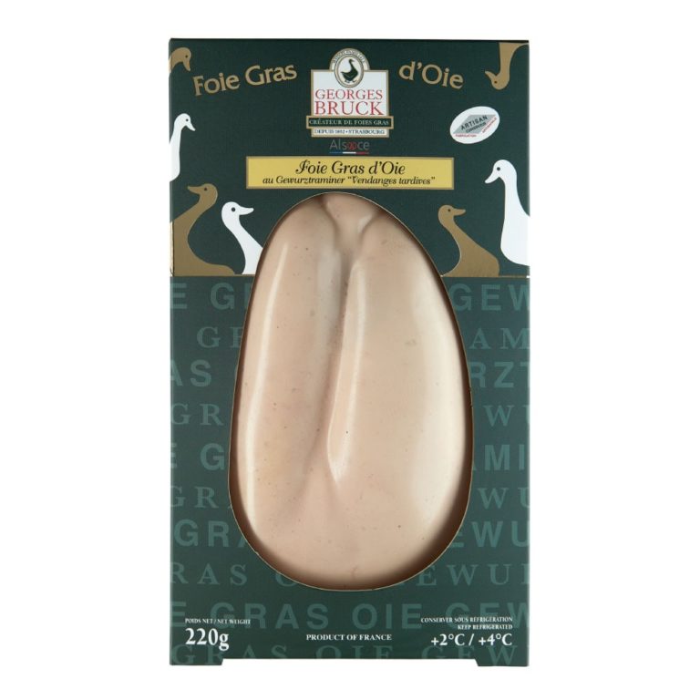 lobe de foie gras d'oie au gewurztraminer de la marque Georges Bruck dans son packaging